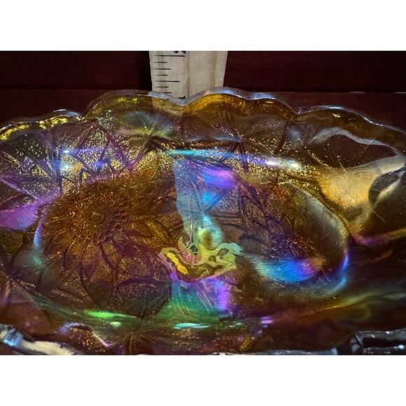 Vintage Carnival Glass Serving Dish Iridescent 9.5” Amber Gold Sunflower Design - Picture 8 of 8